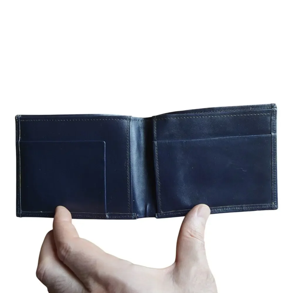 Vintage Handmade Woven Textile Navy Leather Wallet Billfold Gift Him